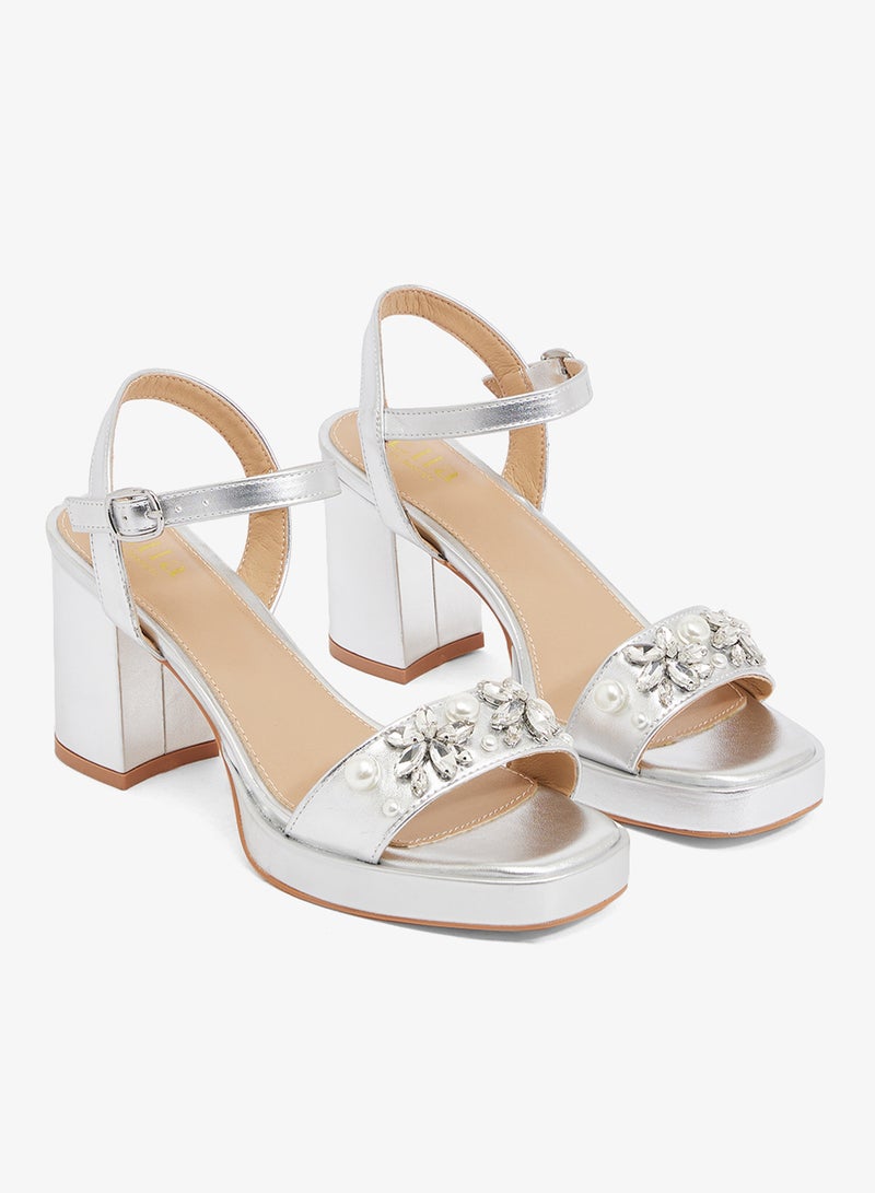 Ella Limited Edition Silver platform sandal with pearls and crystal embellishments - Image 4