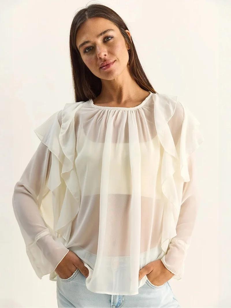 بيانكو لوتشي LUCCI Frilly Chiffon Crew Neck Blouse