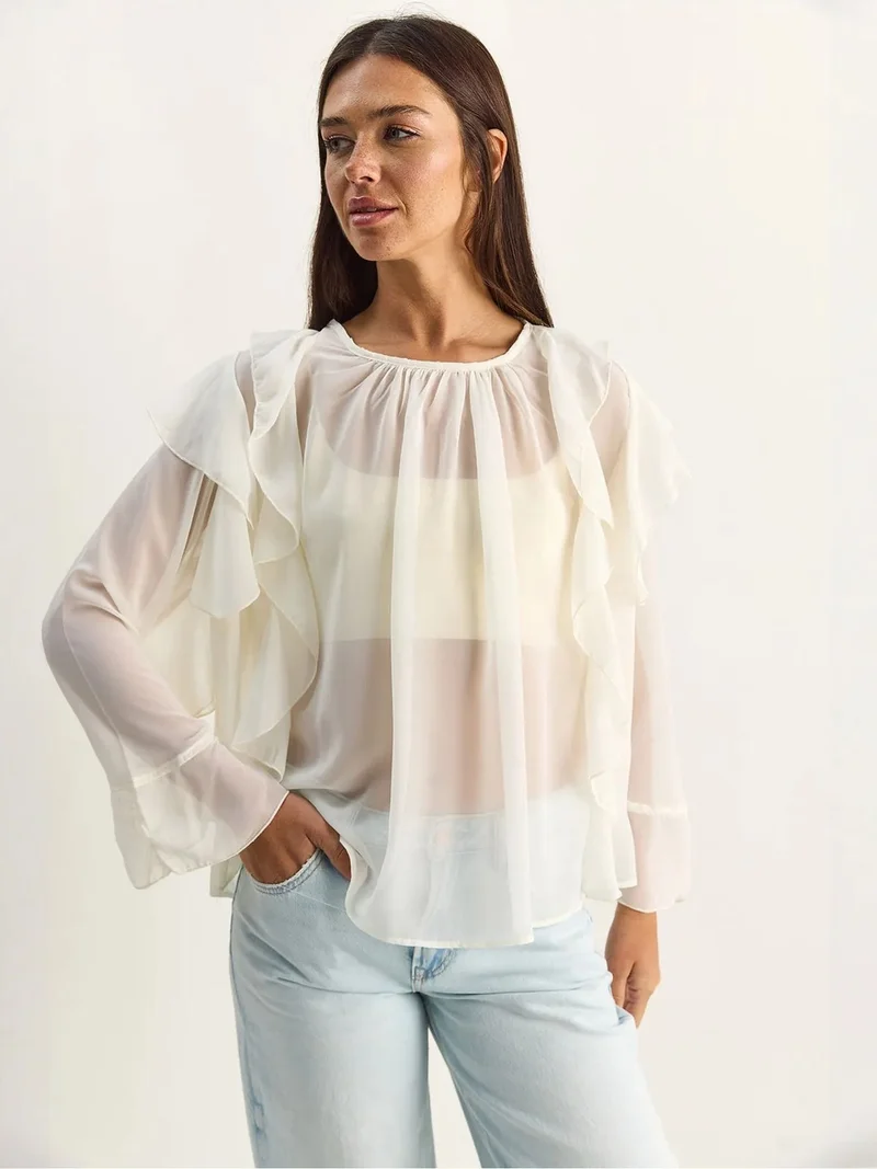 بيانكو لوتشي LUCCI Frilly Chiffon Crew Neck Blouse
