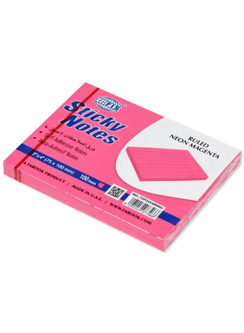 FIS Sticky Note Pad, 3X4 inches, Pack of 12, Ruled Neon Magenta -FSPO3X4RNMG - Image 2