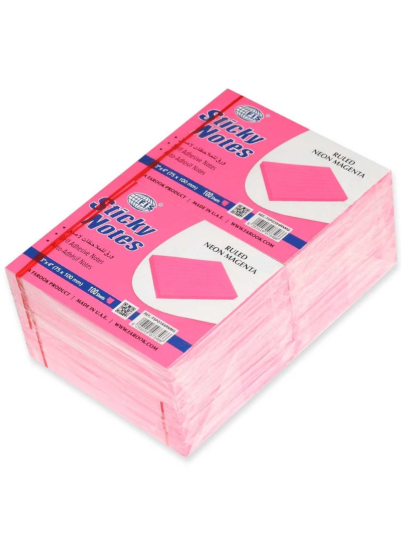 FIS Sticky Note Pad, 3X4 inches, Pack of 12, Ruled Neon Magenta -FSPO3X4RNMG - Image 1
