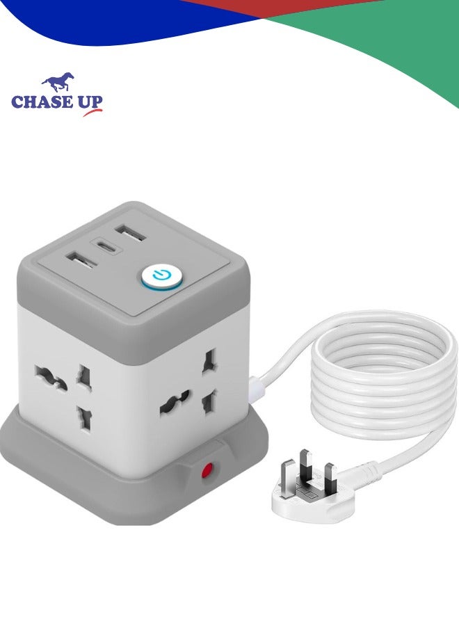 Chase Up Power Strip Surge Protector with USB + Type C, Extension Cord Flat Plug with Widely 4 AC Outlet and 2 USB 1 Type C, Small Desktop Station, Compact Socket for Multi Places - Grey and White. - Image 1