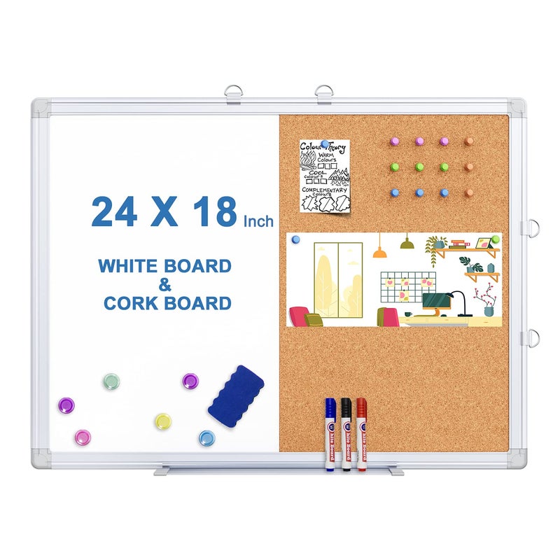 Tripollo لوحة بيضاء مغناطيسية ولوحة كورك مدمجة، 24 × 18 بوصة، لوحة إعلانات مدمجة مثبتة على الحائط، لوحة بيضاء قابلة للمسح الجاف مع دبابيس رؤية للاستخدام في المنزل والمدرسة والمكتب - Image 1