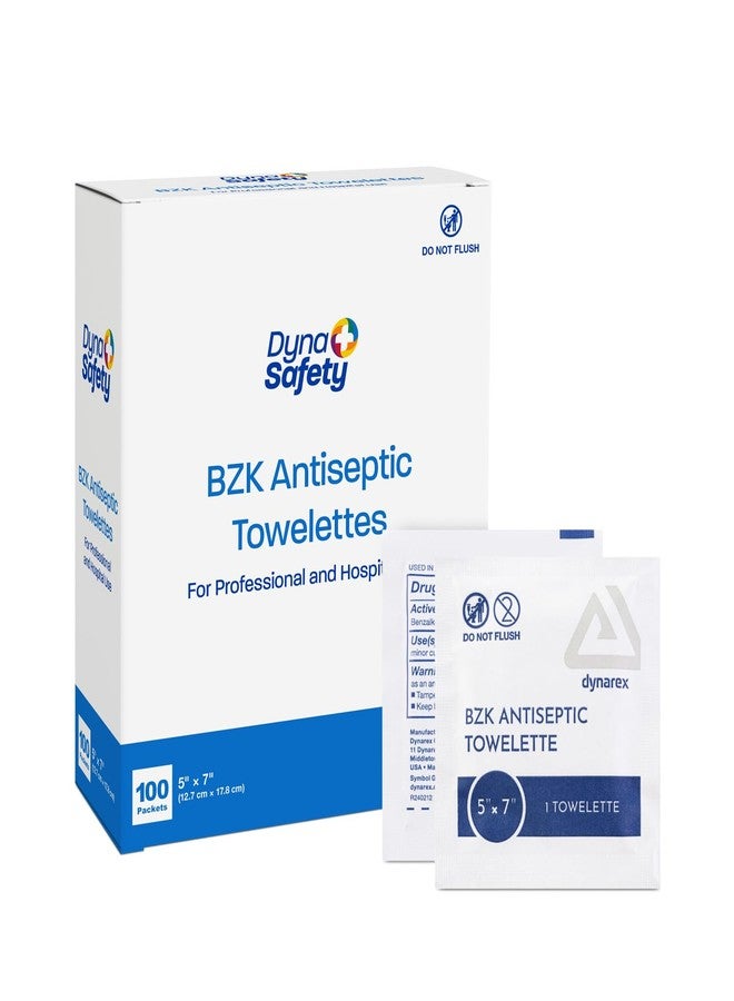 Dynarex BZK Antiseptic Towelettes, Moist Sanitizing Towelettes Designed to Prevent Infection in Minor Wounds, 5x7, Disposable & Individually Wrapped, 1 Box of 100 (Packaging May Vary) - Image 1
