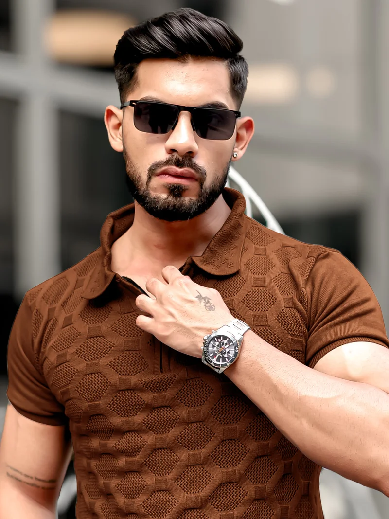 Maniac Maniac Mens Solid Textured Half Zip Polo Neck Half Sleeve Brown Cotton T-Shirt