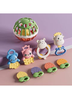 Baby Gum Baby Hand Ball Rattle Multifunctional Poached Early Education Puzzle Hammer Baby Toys Wholesale-Color:Soft Rubber Ball Bell +4 Fruit Gum +2 Gum Bear + Gum Calf + Hippopotamus Tambourine (9 Colors Are Random)