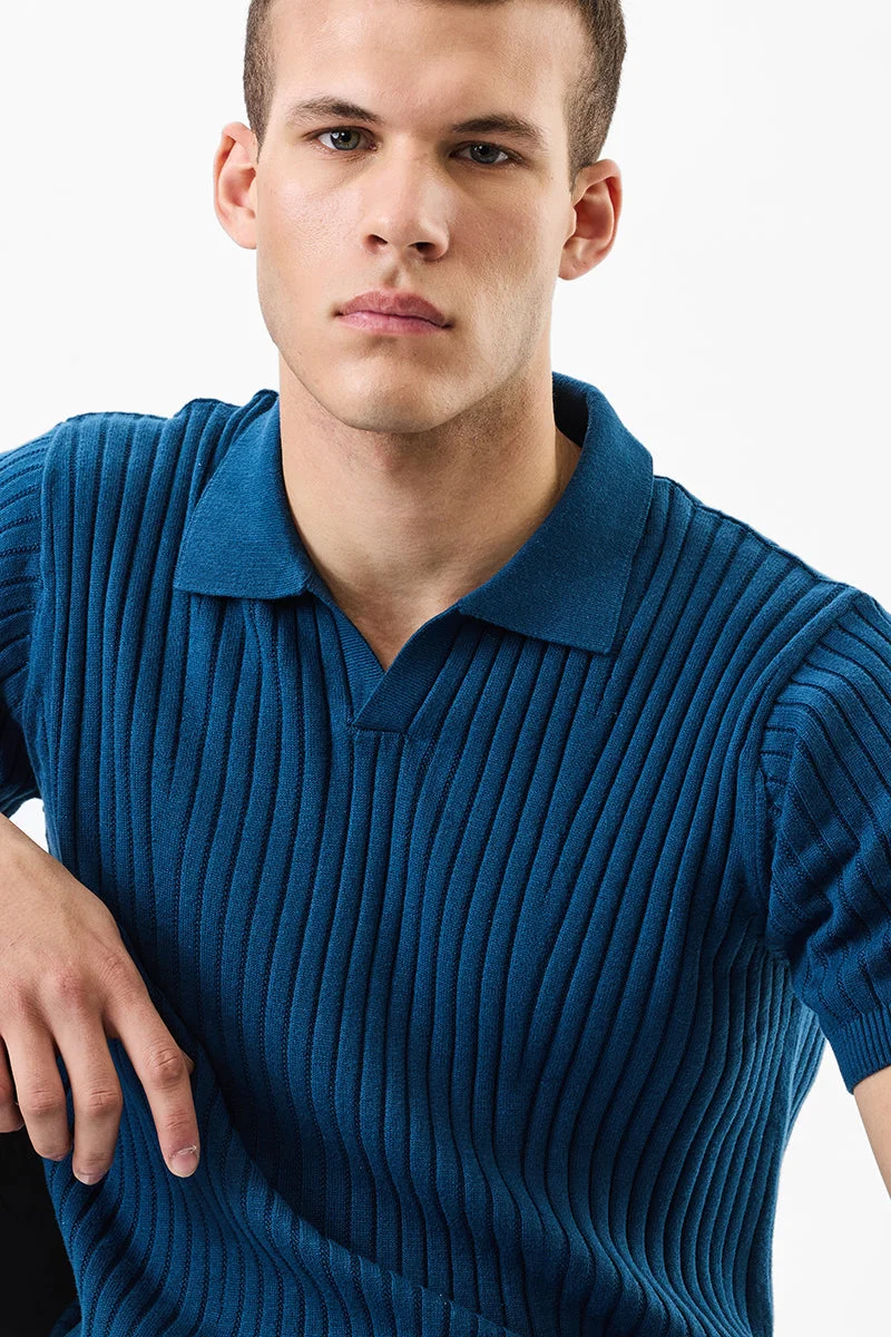 SNITCH تيشيرت قطني محبوك أزرق بقصة ضيقة