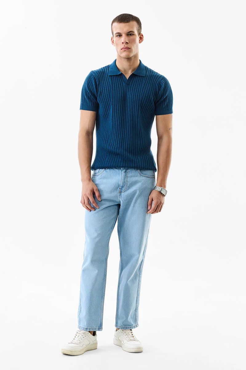 SNITCH تيشيرت قطني محبوك أزرق بقصة ضيقة