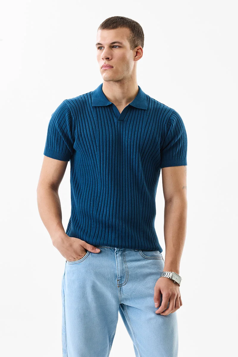 SNITCH Slim Fit Cotton Knitted Blue T-Shirt