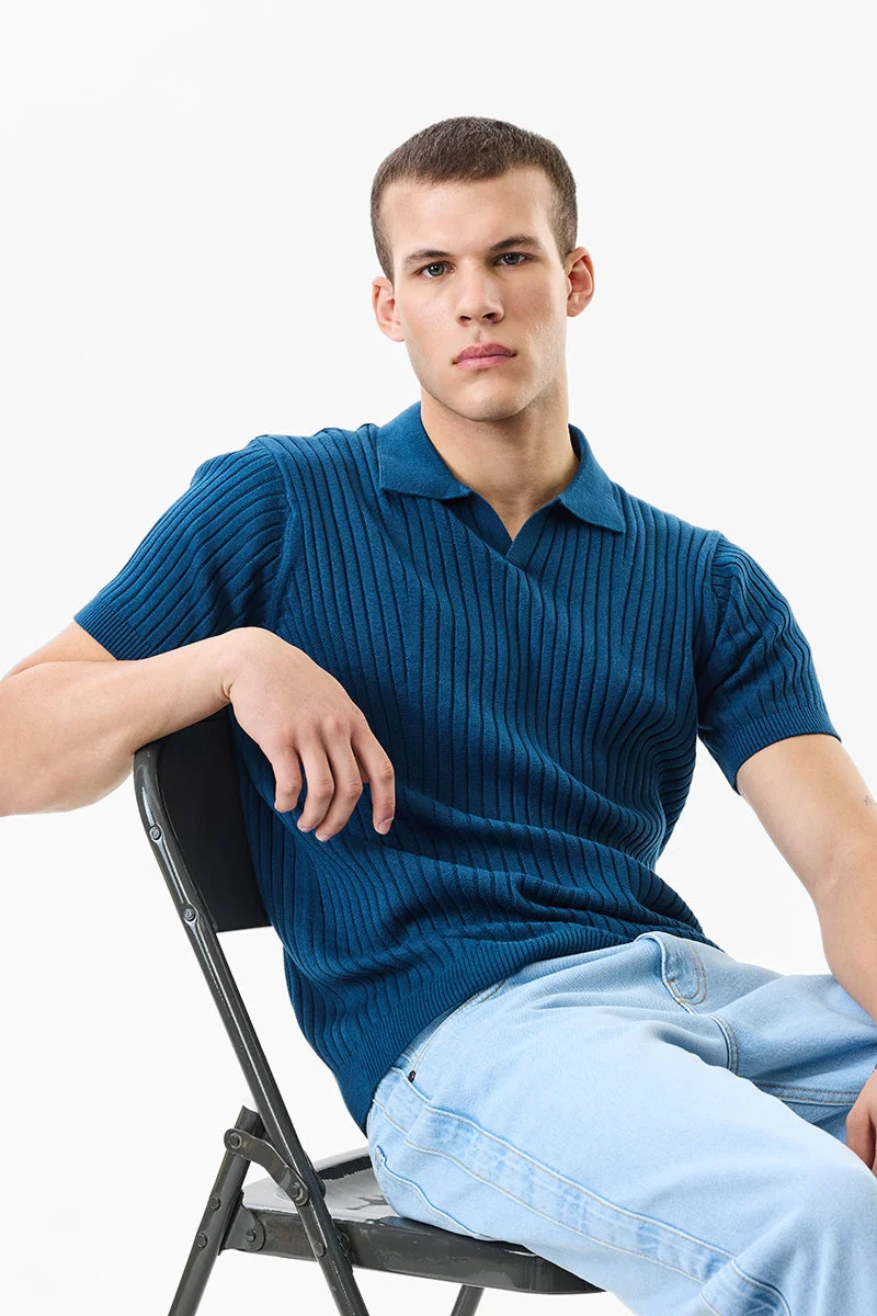 SNITCH تيشيرت قطني محبوك أزرق بقصة ضيقة