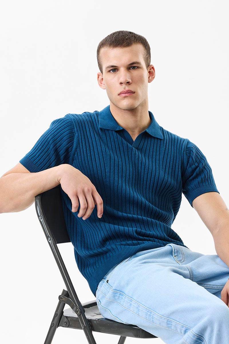 SNITCH Slim Fit Cotton Knitted Blue T-Shirt - Image 4