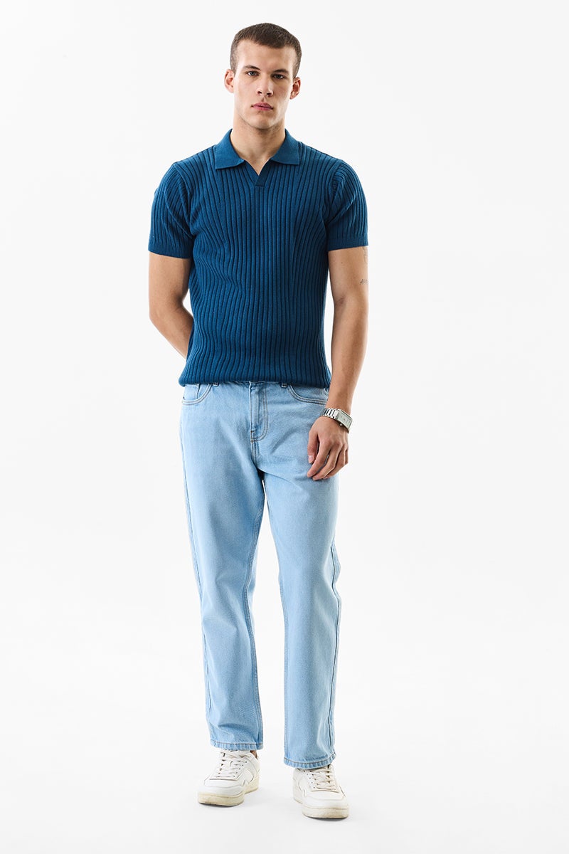 SNITCH Slim Fit Cotton Knitted Blue T-Shirt - Image 2