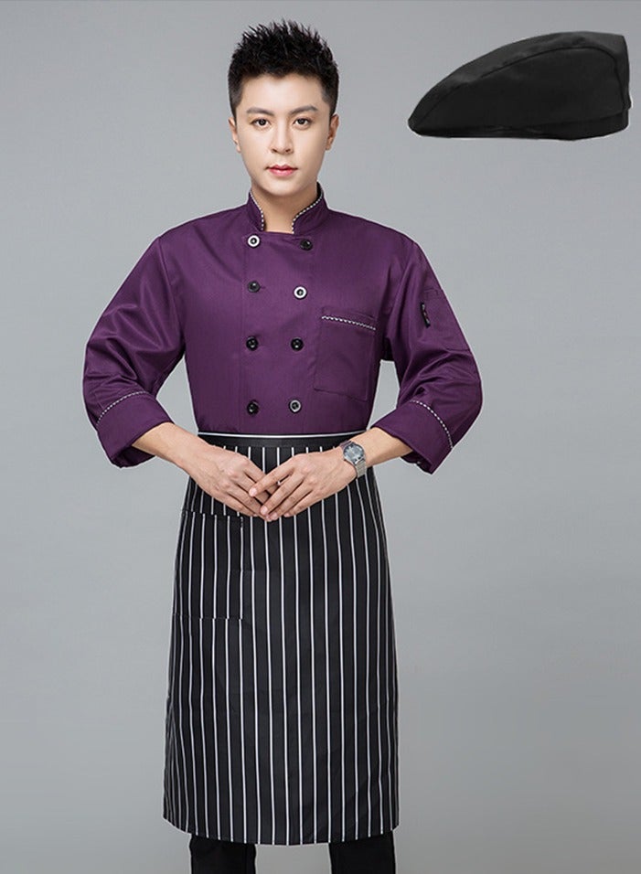 Loquat Chef Uniform Apron Suit Long Sleeves with a Hat Suitable For Hotel Western Restaurant Purple - Image 1