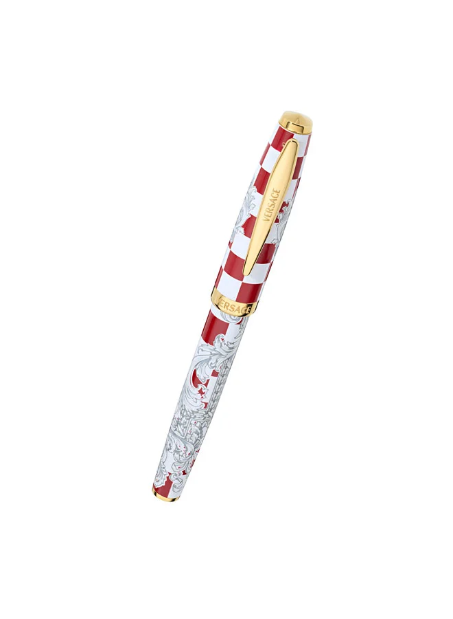 VERSACE Checkerboard Gold Clip Silver Red Barocco Pattern Roller Pen with Blue Ink for Men