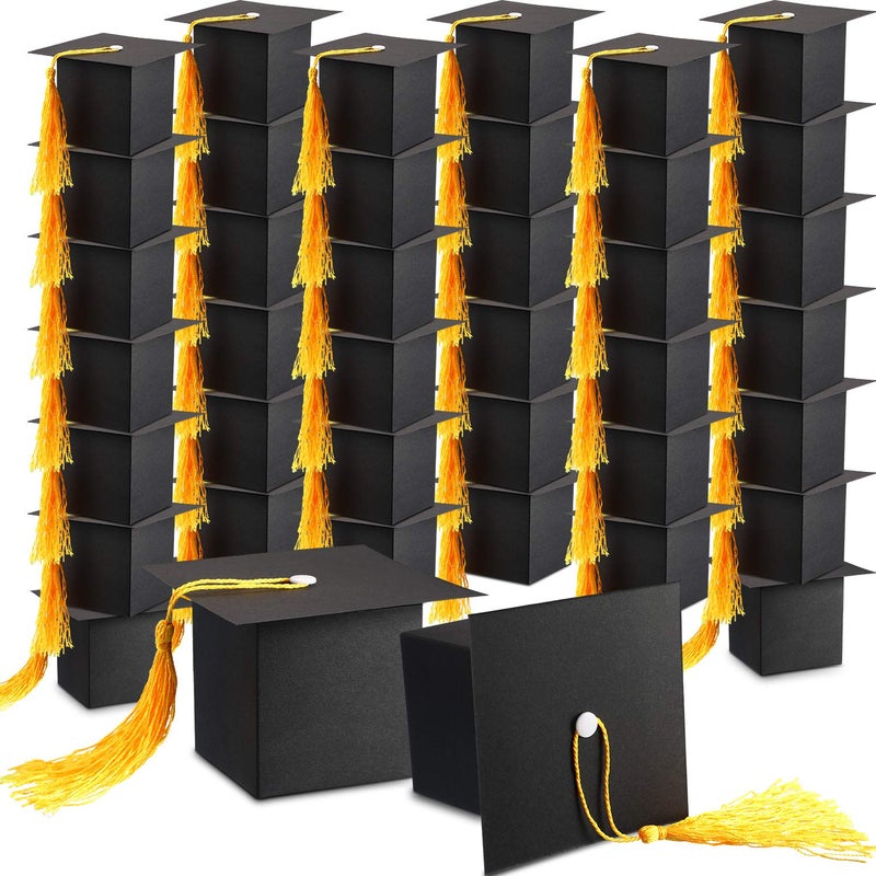 Bememo 100 Pieces Graduation Candy Boxes Graduation Party Favors Class of 2025 Cap Gift Boxes Graduate Centerpieces with Tassel for Grad Ceremony PartyYellow