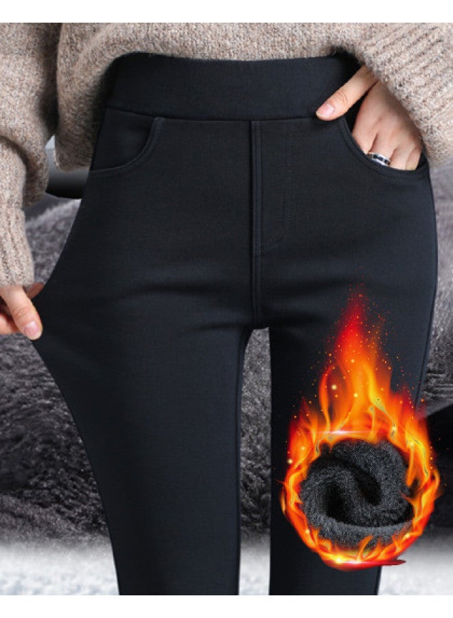 PLANDOO Women'S Thermal Fleece-Lined Thick High-Waisted Straight-Leg Skinny Pencil Pants Black Leggings For Autumn And Winter - Image 1