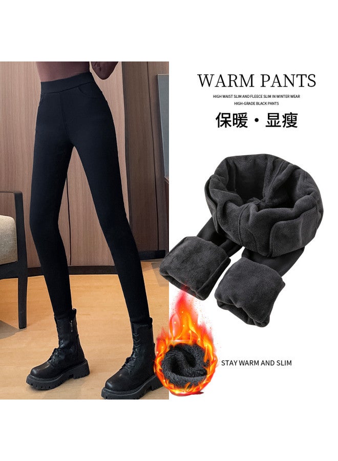 PLANDOO Women'S Thermal Fleece-Lined Thick High-Waisted Straight-Leg Skinny Pencil Pants Black Leggings For Autumn And Winter - Image 3