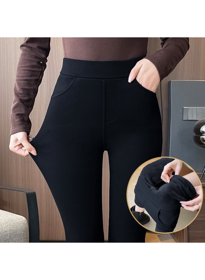 PLANDOO Women'S Thermal Fleece-Lined Thick High-Waisted Straight-Leg Skinny Pencil Pants Black Leggings For Autumn And Winter - Image 2