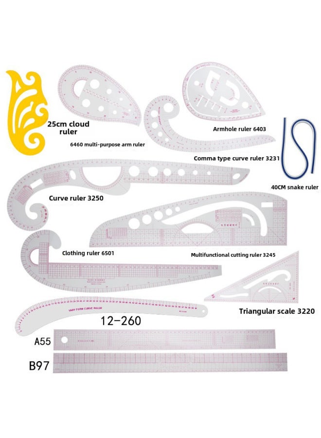 ثام مسطرة الملابس، مسطرة القص، مسطرة كم القفص، مسطرة المنحنيات، مسطرة قوس الأزرار، مجموعة مساطر - Image 1