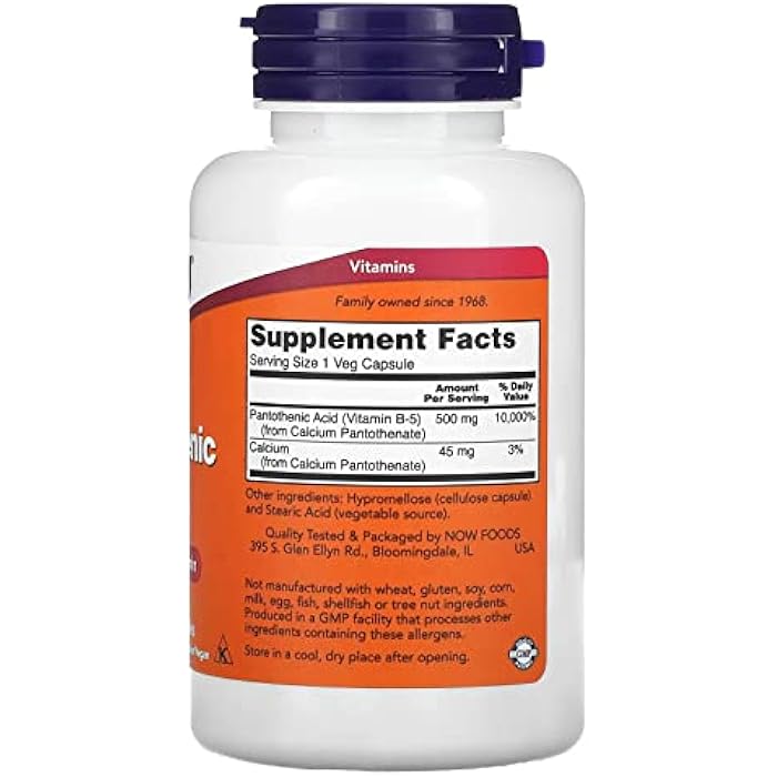 now Pantothenic Acid 500mg, 100 Capsules (Pack of 1) - Image 2