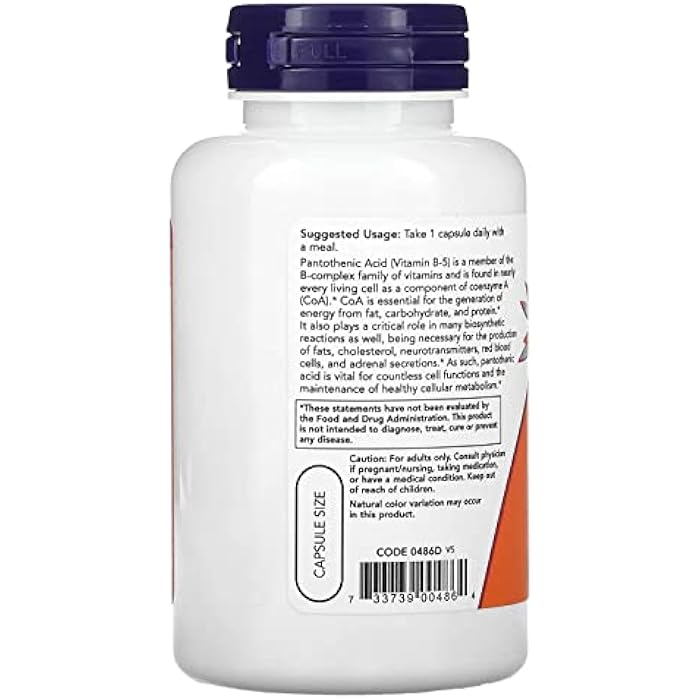 now Pantothenic Acid 500mg, 100 Capsules (Pack of 1) - Image 3