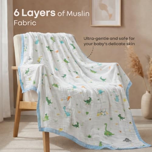 VOIDROP 6 Layer Muslin Cotton Blanket for Newborn Baby Soft Breathable Lightweight All-Season Swaddle for Cuddling for Nap Time 110x110 cm (0-2 Years) - Blue Dinosaur Print - Image 3