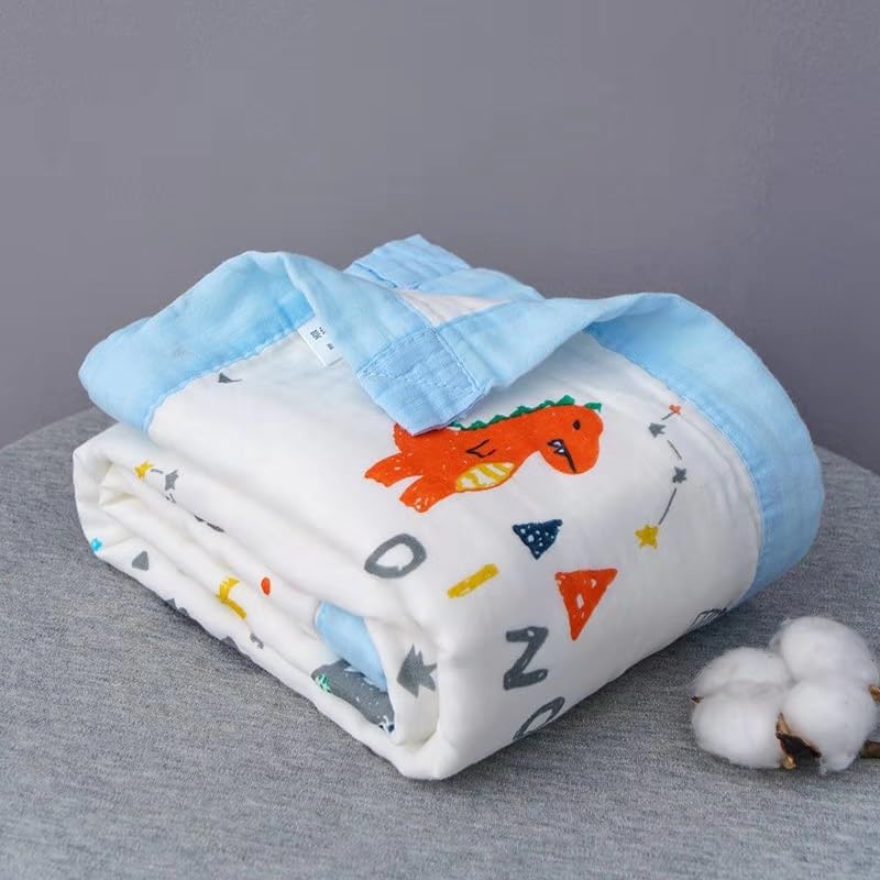VOIDROP 6 Layer Muslin Cotton Blanket for Newborn Baby Soft Breathable Lightweight All-Season Swaddle for Cuddling for Nap Time 110x110 cm (0-2 Years) - Blue Dinosaur Print - Image 1