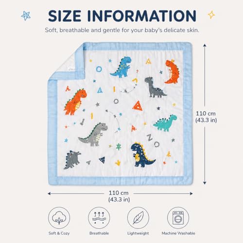VOIDROP 6 Layer Muslin Cotton Blanket for Newborn Baby Soft Breathable Lightweight All-Season Swaddle for Cuddling for Nap Time 110x110 cm (0-2 Years) - Blue Dinosaur Print - Image 4
