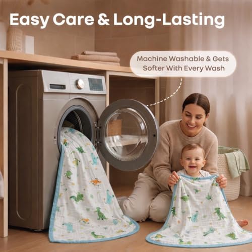 VOIDROP 6 Layer Muslin Cotton Blanket for Newborn Baby Soft Breathable Lightweight All-Season Swaddle for Cuddling for Nap Time 110x110 cm (0-2 Years) - Blue Dinosaur Print - Image 5