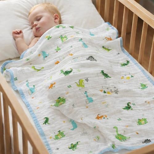 VOIDROP 6 Layer Muslin Cotton Blanket for Newborn Baby Soft Breathable Lightweight All-Season Swaddle for Cuddling for Nap Time 110x110 cm (0-2 Years) - Blue Dinosaur Print - Image 2