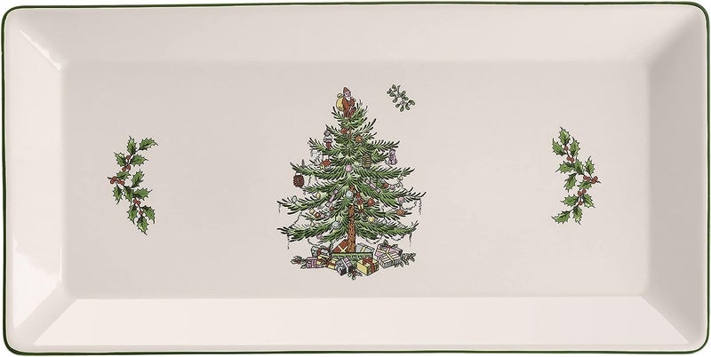 Spode Christmas Tree 14Inch Rectangular Sandwich Tray Porcelain Serving Platter for Tea Sandwiches Desserts Appetizers  Holiday Tableware with Festive Charm Dishwasher Microwave Freezer Safe