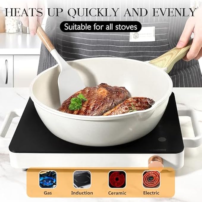 GIPP Nonstick Deep Frying Pan  24Cm Saute Pan With Lid Granite Induction Cookware Non Stick Woking Pan Skillet Pfoa Pfos Apeo Free White - Image 4