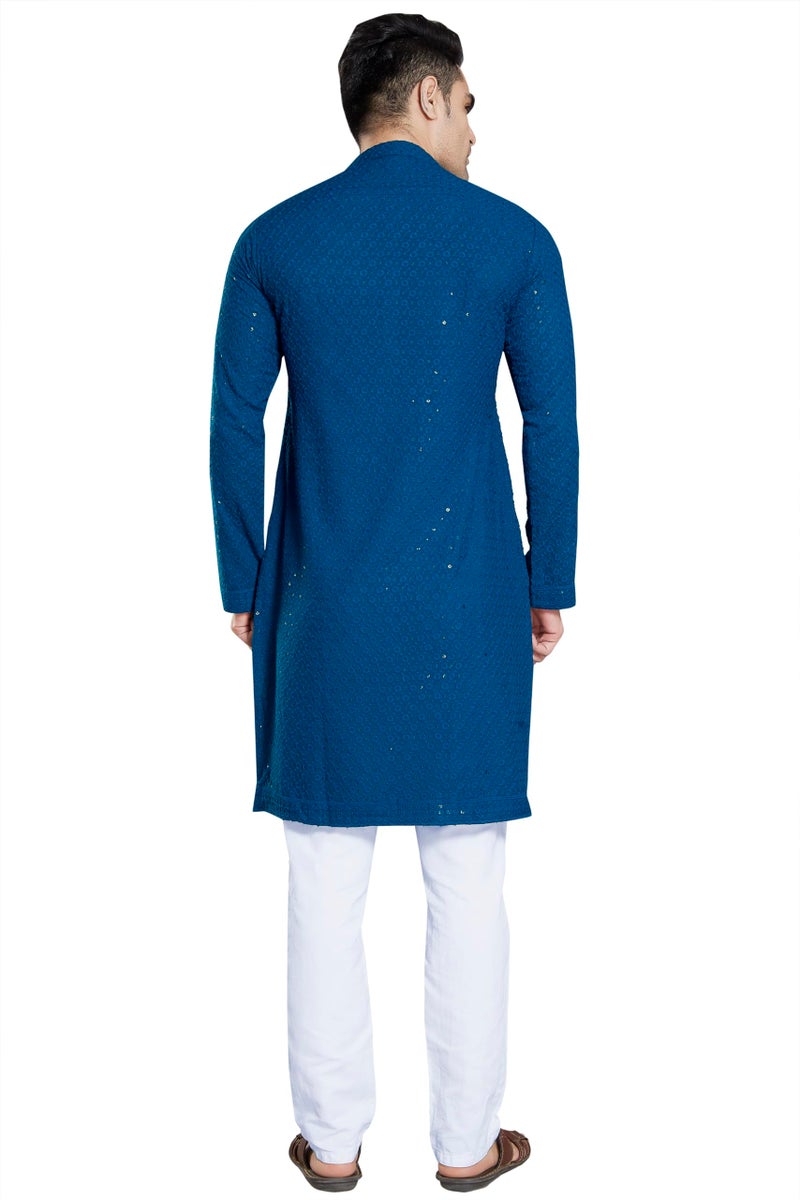 DIVISIVE Men's Sequince Embroidered Cotton Blend Slim Fit Kurta Pyjama Set (DKRT37_L_Teal) - Image 4