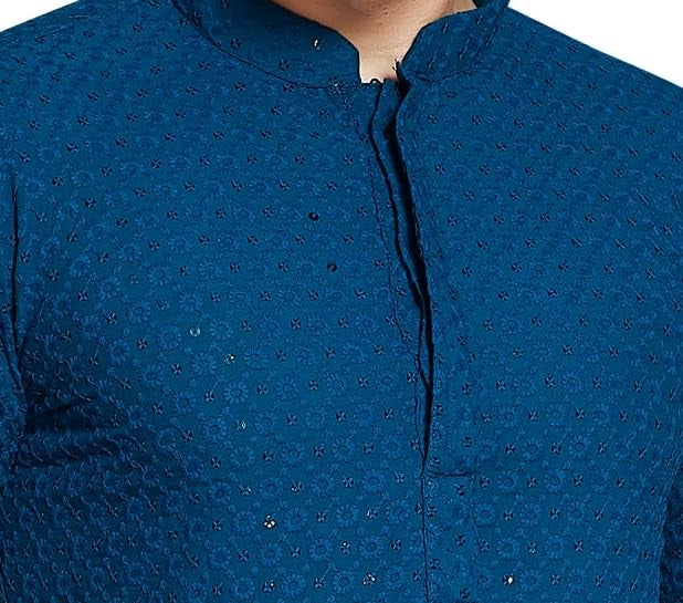 DIVISIVE Men's Sequince Embroidered Cotton Blend Slim Fit Kurta Pyjama Set (DKRT37_L_Teal) - Image 5