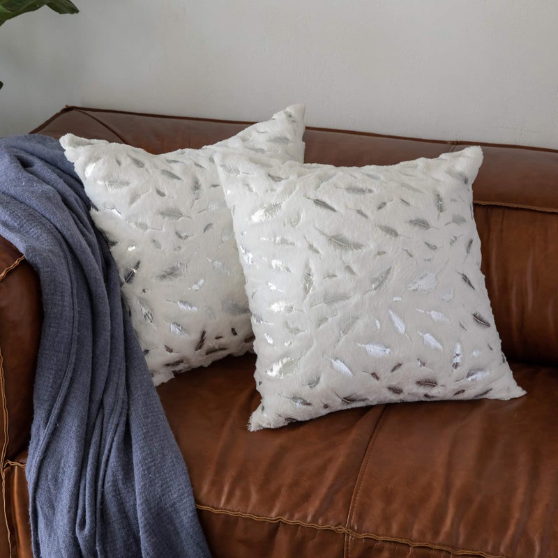 OMMATO Decorative Pillow Covers 18x18 Inch Throw Pillow Covers Couch Pillows for Living Room Sofa Farmhouse Boho Modern Accent Throw Pillows Bed Home Decor Set of 2 White Fur with Silver Leaves - Image 2