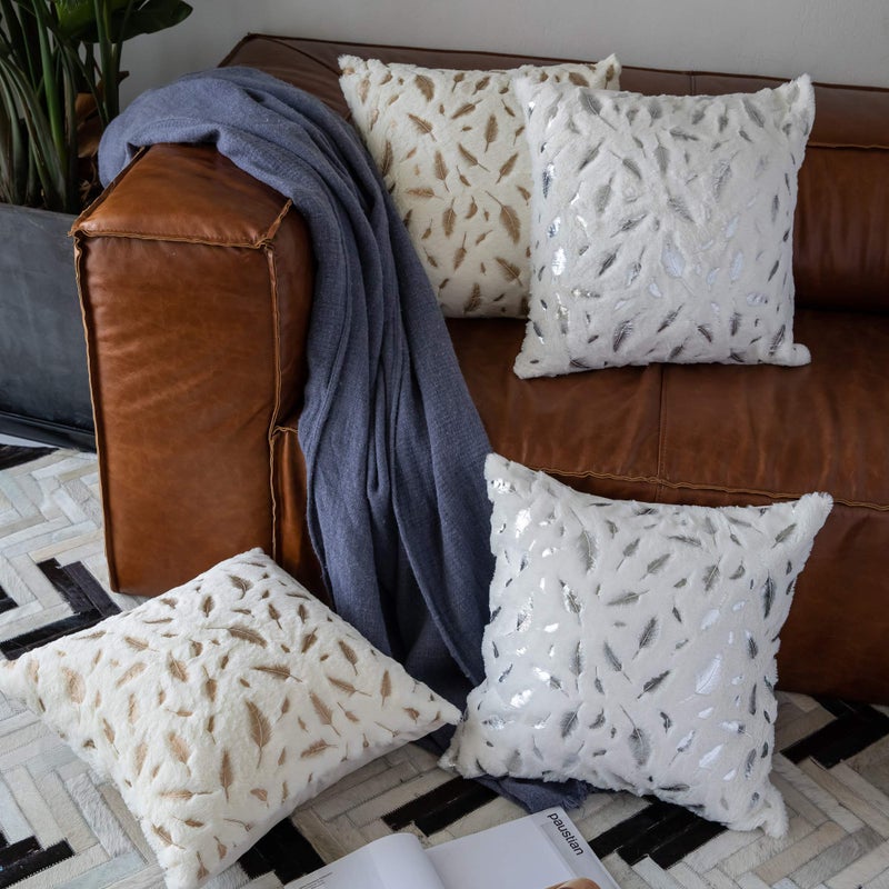 OMMATO Decorative Pillow Covers 18x18 Inch Throw Pillow Covers Couch Pillows for Living Room Sofa Farmhouse Boho Modern Accent Throw Pillows Bed Home Decor Set of 2 White Fur with Silver Leaves - Image 4