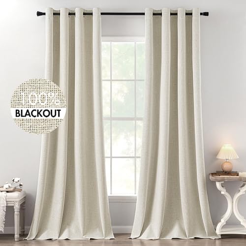 MIULEE 100 Blackout Linen Textured Curtains for Bedroom Solid Thermal Insulated Cream Grommet Room Darkening Curtains  Drapes Luxury Decor for Living Room Nursery 52 x 120 Inch 2 Panels