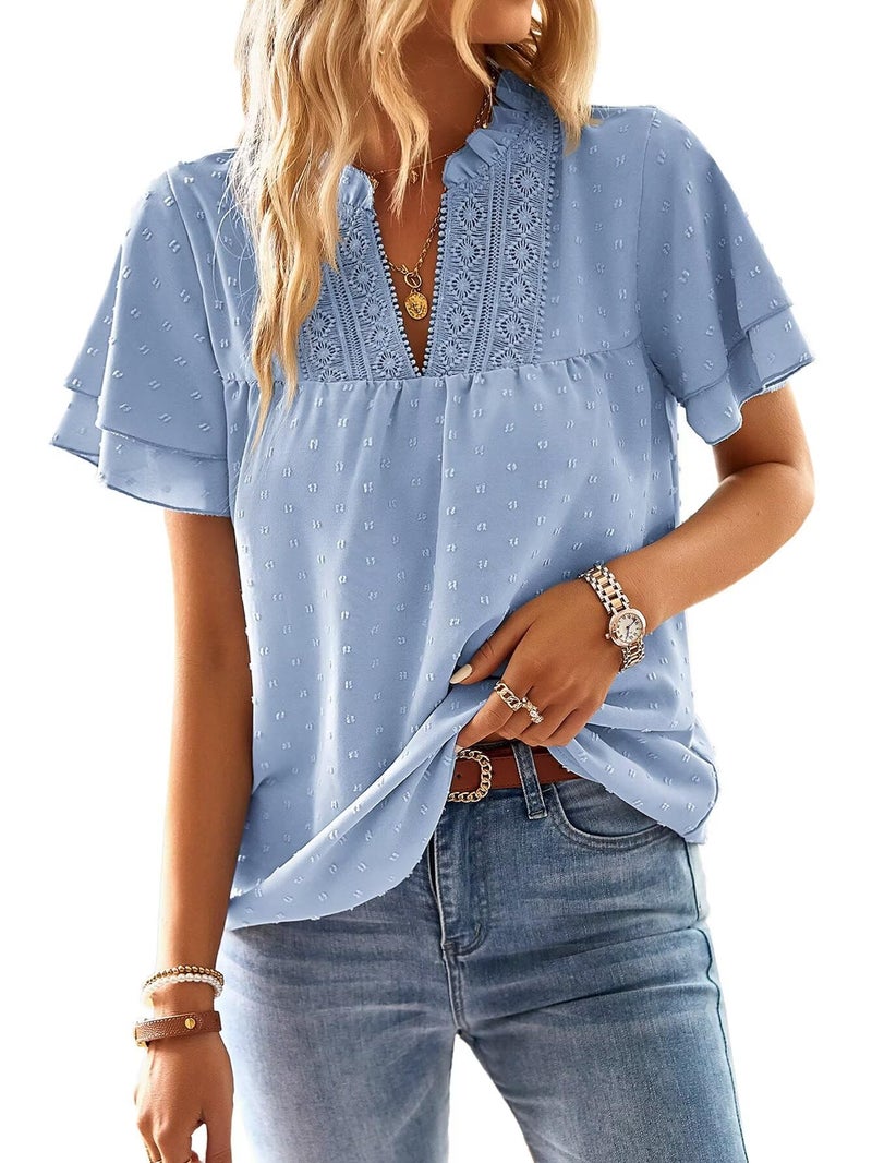 Falechay Blue Shirt Womens Butterfly Sleeve V Neck Swiss Dot Going Out Office Work Blouses for Women Crochet Lace Edges M - Image 1