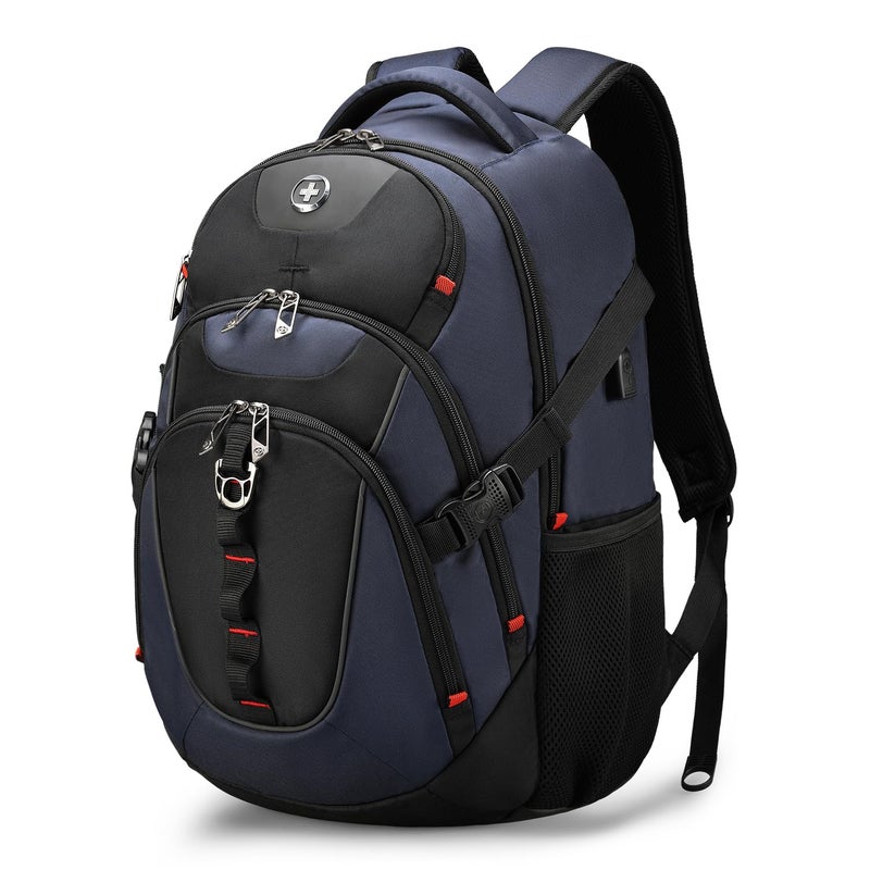 Swissdigital Design Laptop Backpack, Travel Backpack with USB Charging Port Fits 15.6 inches Computer, 31L College School Bookbag for Men, Blue/Black | SD803-12 - Image 1