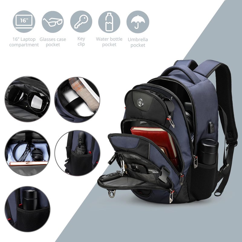 Swissdigital Design Laptop Backpack, Travel Backpack with USB Charging Port Fits 15.6 inches Computer, 31L College School Bookbag for Men, Blue/Black | SD803-12 - Image 4