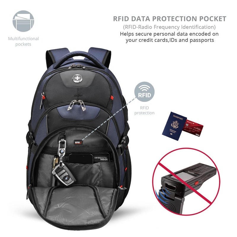 Swissdigital Design Laptop Backpack, Travel Backpack with USB Charging Port Fits 15.6 inches Computer, 31L College School Bookbag for Men, Blue/Black | SD803-12 - Image 5