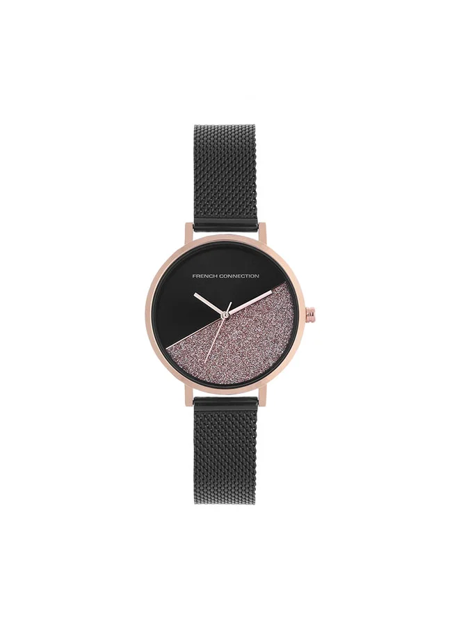 فرنش كونكشن Women's Analog Watch with Black Stainless Steel Mesh Bracelet, Rose Gold Case