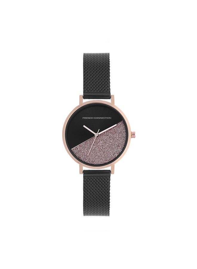 French Connection Black Dial Black Stainless Steel Mesh Bracelet Analog Watch for Women 35mm - Image 1