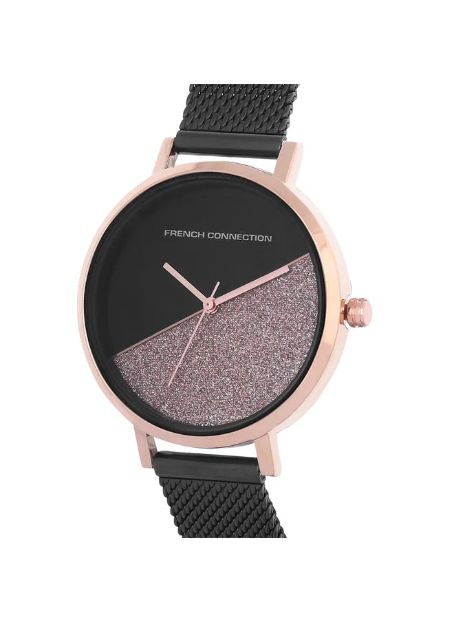 فرنش كونكشن Women's Analog Watch with Black Stainless Steel Mesh Bracelet, Rose Gold Case
