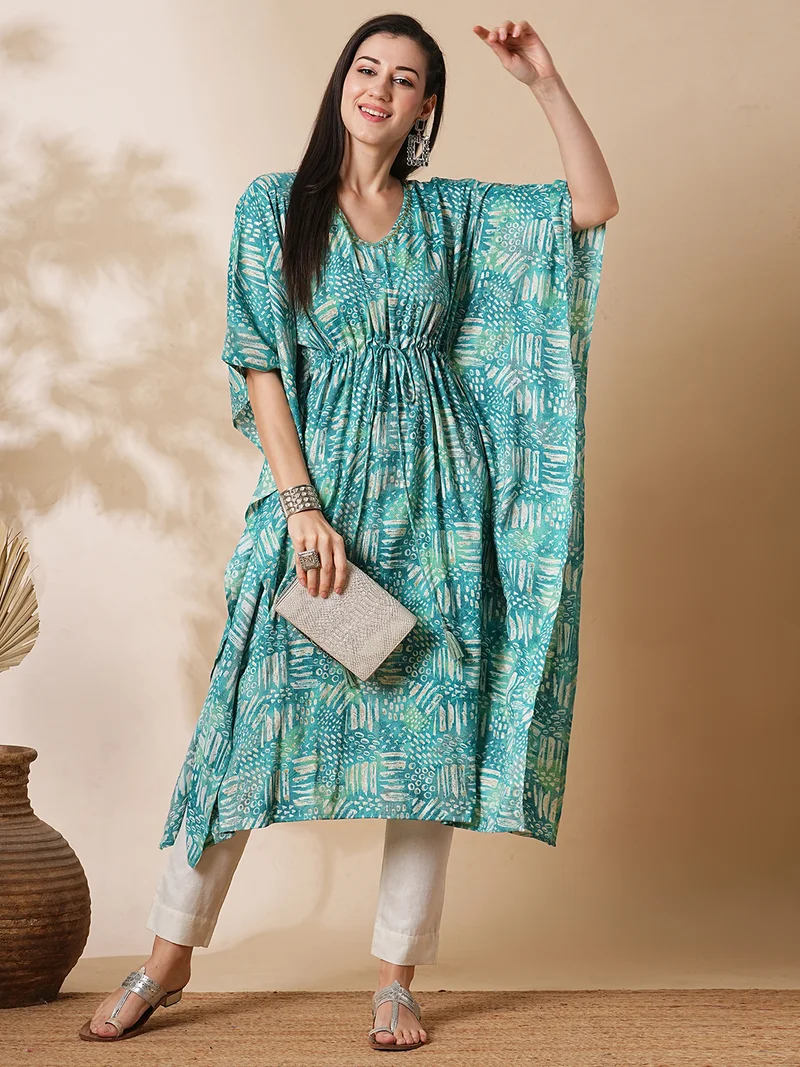 globus Women Printed Flared Sleeves Thread Work Indie Prints Kaftan Kurta