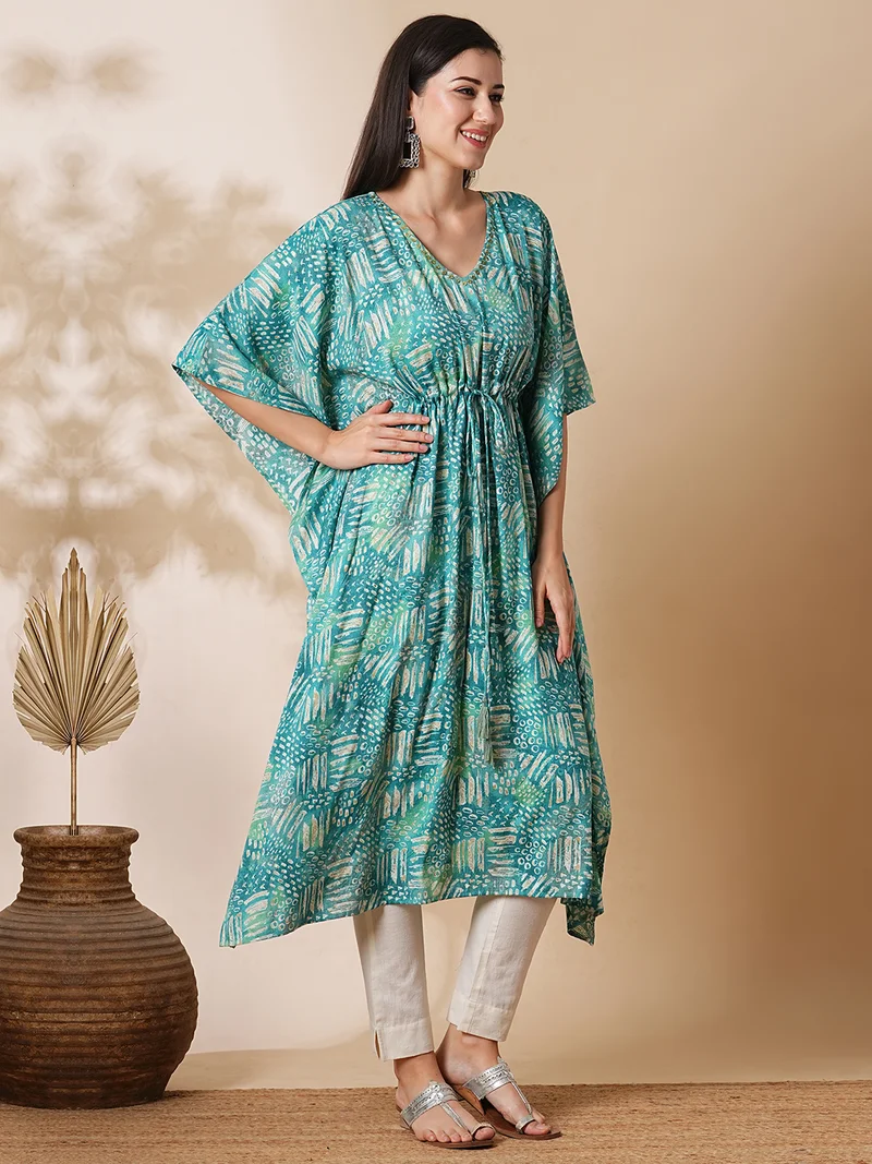 globus Women Printed Flared Sleeves Thread Work Indie Prints Kaftan Kurta