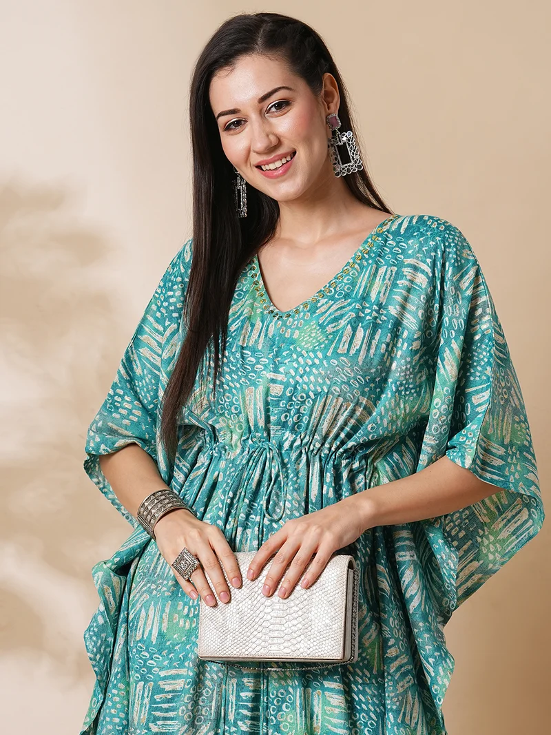 globus Women Printed Flared Sleeves Thread Work Indie Prints Kaftan Kurta