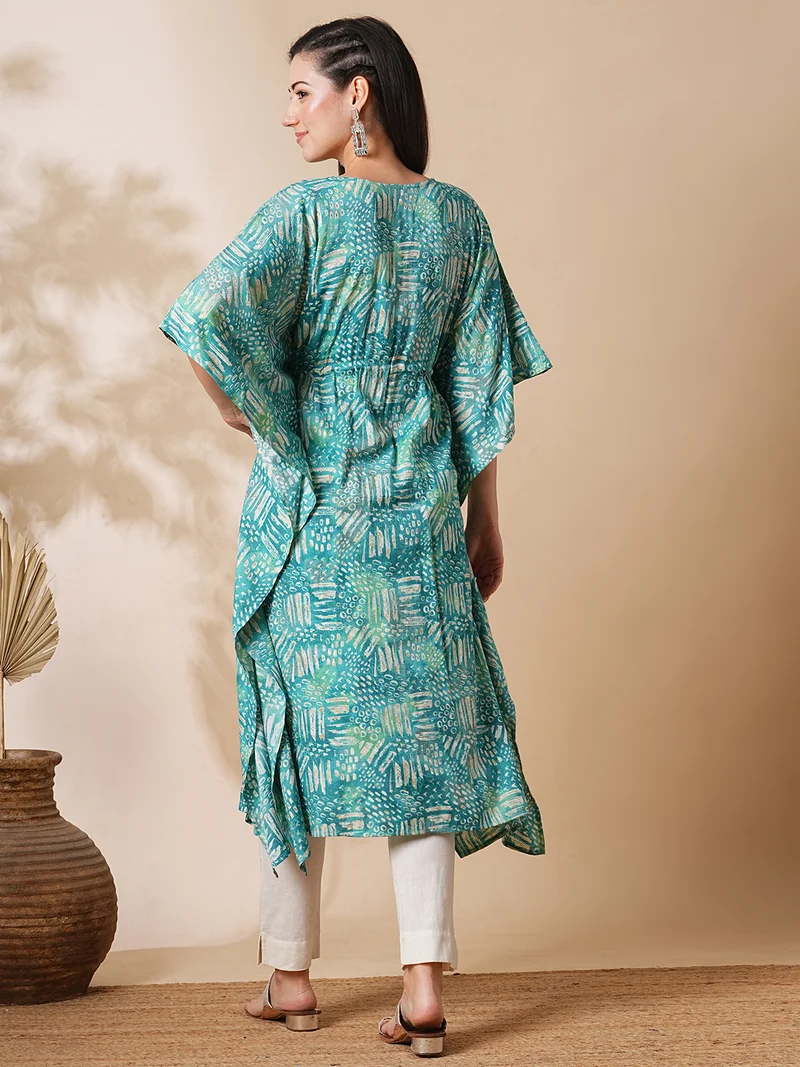 globus Women Printed Flared Sleeves Thread Work Indie Prints Kaftan Kurta