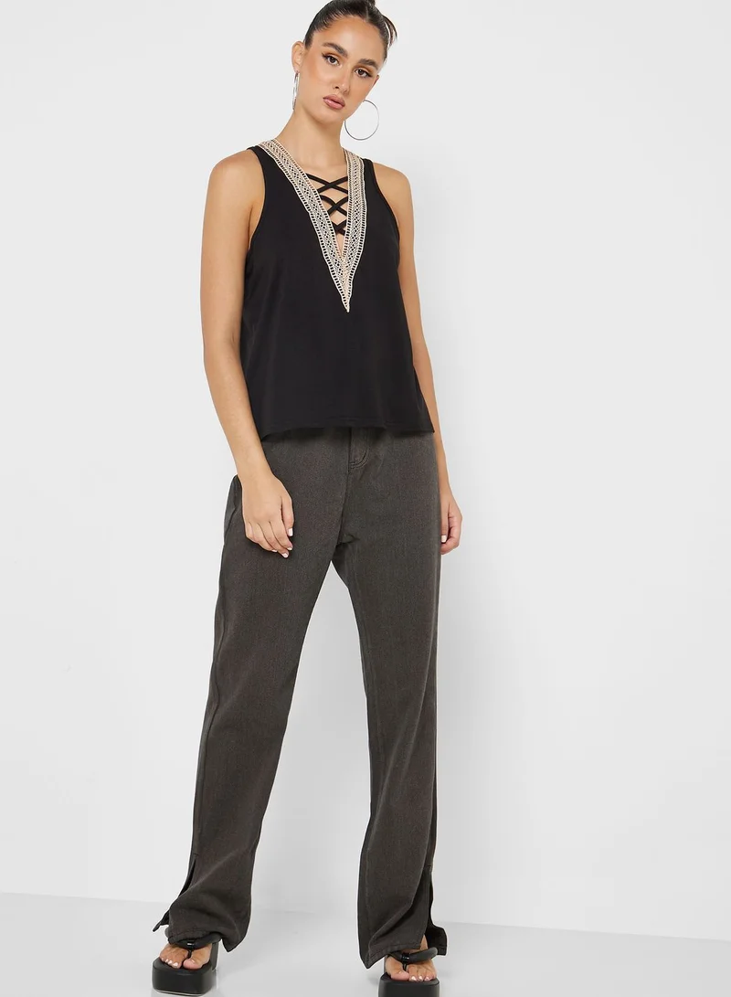 Ginger Embroidered Plunge Neck Top