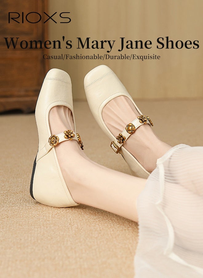 RIOXS Women's Mary Jane Shoes, Internal Increase Shoes, Retro Style Shoes For Women, Square Toe Dressy Shoes, Ladies Ballet Shoes, Hidden Heel Mary Jane Shoes, Comfortable Shoes For Work/ Party/ Daily Leisure- Beige Mary Jane Shoes - Image 2